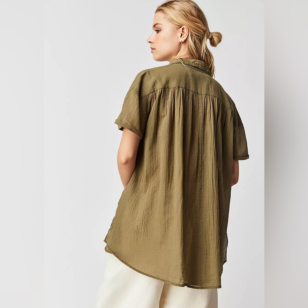 FREE PEOPLE Oversized Float Away Button Down Top NWT Olive Green - Picture 3 of 8